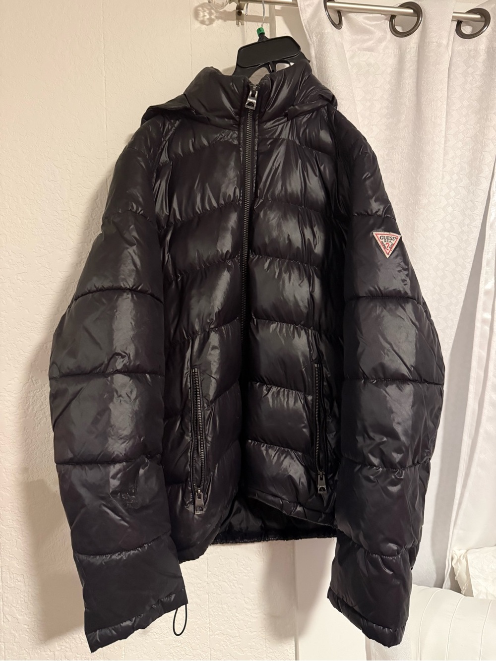 Guess Black Shiny Quilted Puffer Jacket with Hood